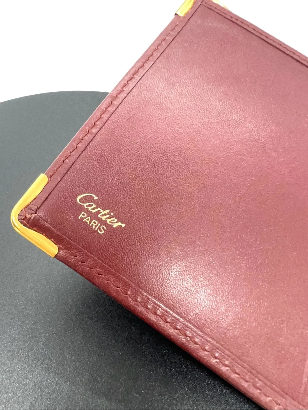 Cartier Burgundy Leather Bifold Card & Key Holder with Gold Corners